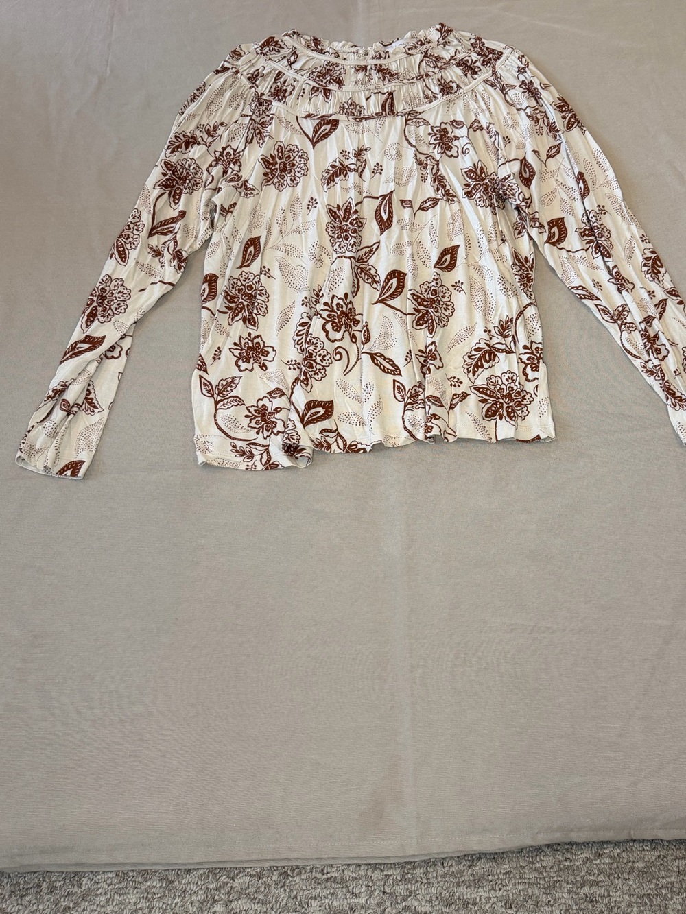 LOFT Cream Long-Sleeve Floral Peasant Blouse